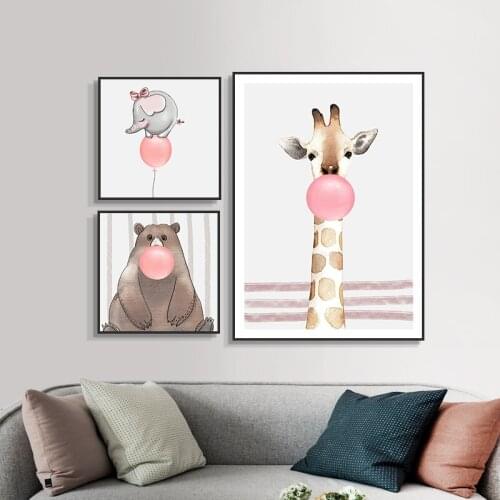 Blowing Bubble Deer Bear Elephant Canvas Posters Cute Animal Posters And Prints Wall Art Pictures Baby Room Decor Wall Paintings