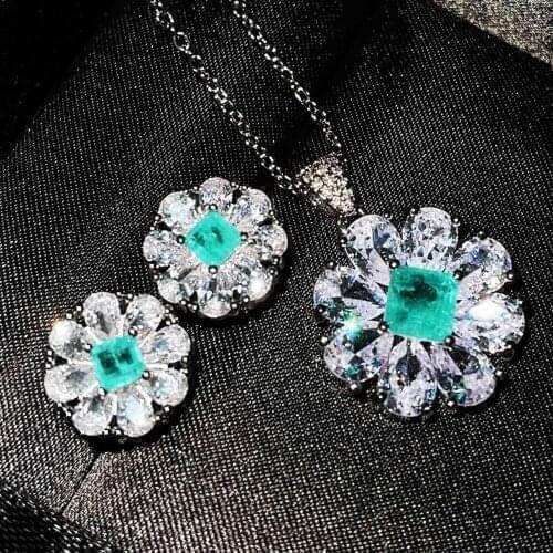 QTT Exquisite Wedding Jewelry Sets Sapphire Flower Paraiba Tourmaline Gemstone Pendant Necklace Earrings 925 Silver Bridal Set