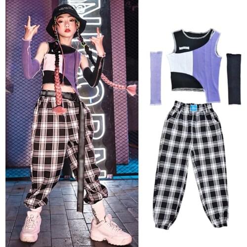 Street Dance Costume For Girls Streetwear Suit Jazz Dancing Vest Lattice Trousers Hip Hop Dance Performance Clothing VDB3614