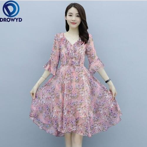 Summer Dress 2021 Women Sexy Deep V-Neck Flower Pink Print Dresses Bohemian Style Belt Midi Ruffle Beach Party Dresses Vestidos