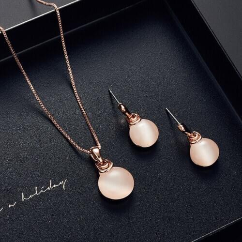 Fashion Simple Round Opal Water Drop Pendent Earrings Necklace Set Korean Neck Ear Jewelry Sets for Women Girls Gift Wholesale