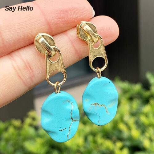 SAY HELLO Fashion Zipper Head Design Turquoises Metal Inlaid Stones Beads Earrings Fine Alloy Earrings Jewelry Women E50307