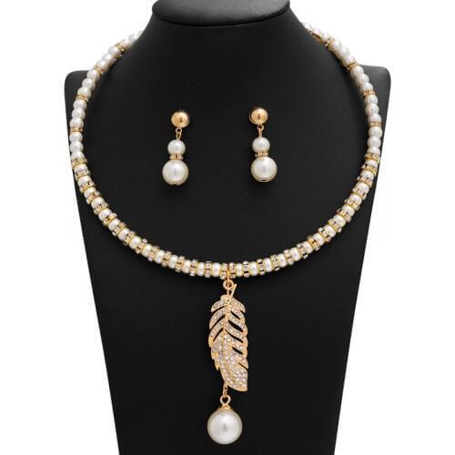 Classic Womens Simulated Pearl Beads Wedding Jewelry Set Gold Color Chocker Necklace Earrings Set Bridal Accessory Gift