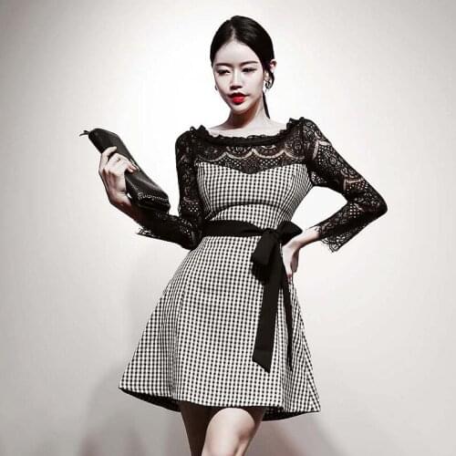 New arrival comfortable temperamental formal dress high quality lace perspective plaid vintage elegant sexy mini a-line dress