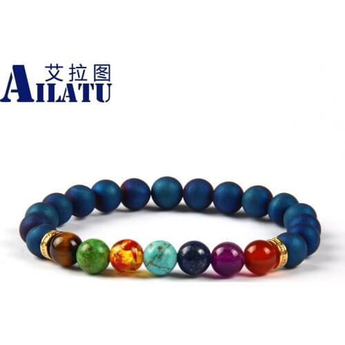 Ailatu New Design Blue and Purple Scrubs Openings Laugh Stone with 7 Chakra Healing Stone Yoga Meditation Bracelet