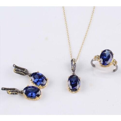 Oval Shaped Tanzanite Jewelry Set, Woman Silver Tanzanite Ring+Necklace+Earrings, Handmade Woman Silver Tanzanite