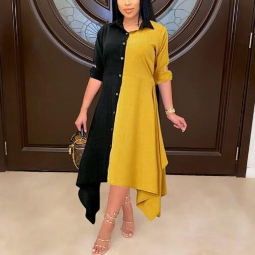 Half Sleeve Colorblock Button Up Shirt Dress Casual OL Work Dress
