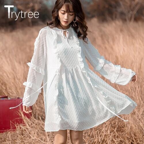 Trytree Summer Autumn Romantic Dot women Dress Bow Tie Lace Ruffles Puff Sleeve Dresses A-line Above Knee Solid Casual Dress