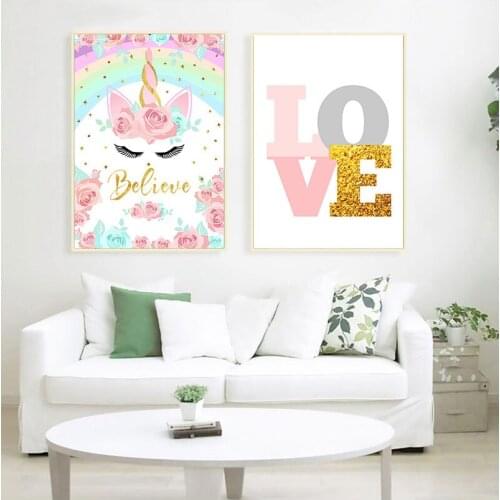 Rainbow Unicorn Print Baby Nursery Wall Art Canvas Painting Cute Nordic Decoration Picture Children Kids Bedroom Decor