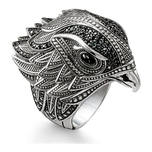 Retro Eagle Ring Fashion Creative Thai Silver Color Black Zircon Bird Punk Style Jewelry Hip Hop Men/Women Ring Size 7-13 Bague