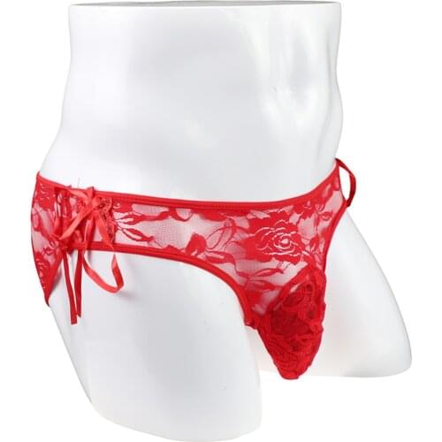 Low Waist Lace Rose Mens Underwear Male Panties Sexy Translucent Briefs With Small Pouch Bag ZJH1036