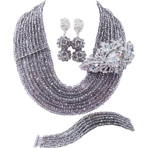 Silver Grey African Beads Jewelry Set Crystal Beaded Strand Necklace Sets Party Jewelry Accessories 10DSK12