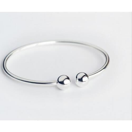 Real.925 Sterling Silver High Polished Double Lucky Beads /Rounds Bangle bracelet Cuff adjustable 925-Sterling-Silver LS109