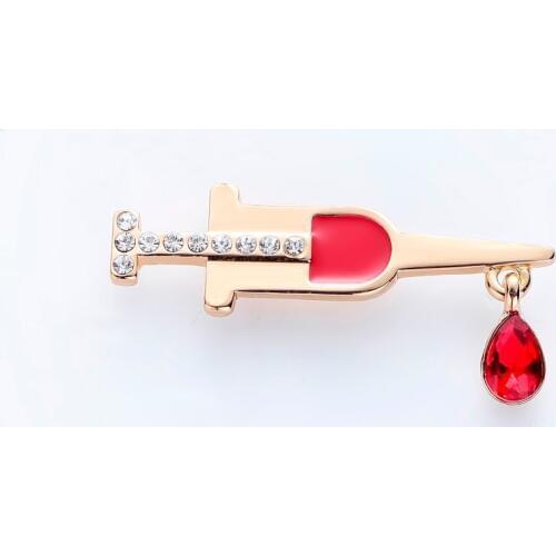 Gold Color Syringe Pin with Red Blood Charm Crystals Badge Women Enamel Metal Brooches Medical Jewelry Doctor/Nurse Gift