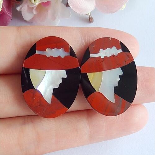 Design,Obsidian,Shell,Red river jasper,Fashion earring Cabochon pair,Semiprecious jewelry,29x22x3mm,8.36g