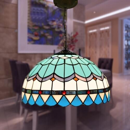 Tiffany Stained Glass Blue Ceiling Glass Lamps Mediterranean Style 20/30/40/50/60cm with E27 LED Chain Pendant Light Luminarias