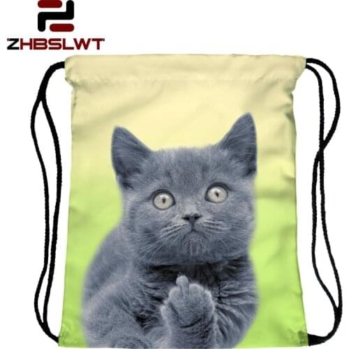ZHBSLWT New Fashion Green Grey Cat Drawstring Bag Women Backpack 3D Printing Travel Softback Women Mochila -040