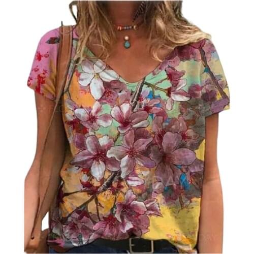 2021 Summer Floral Print T Shirt Women Short Sleeve O-Neck Pullover Tops Streetwear Casual Loose Plus Size Ladies Cotton T Shirt