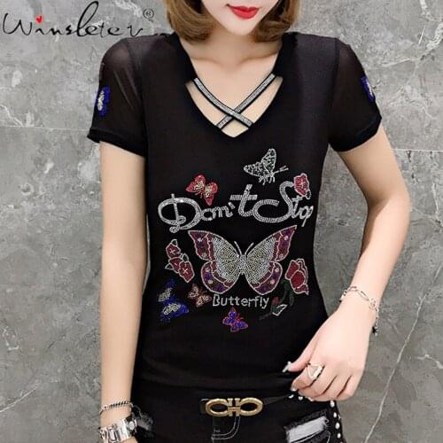 Summer Korean Style Mesh T-Shirt Fashion Sexy Hollow Out Shiny Diamonds Women Tops Short Sleeve All Match Tees New 2021 T14406A