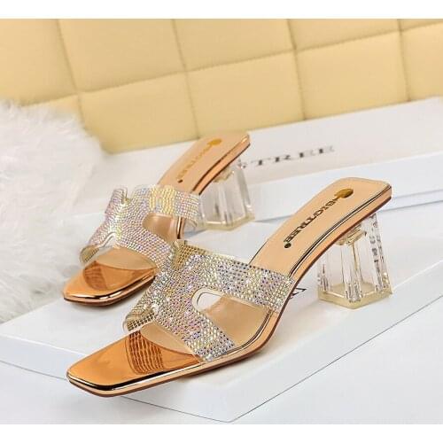 BIGTREE New Women Slippers PVC Crystal Square Heel Transparent Clear High Heels Summer Slippers Sandals Pumps 7cm Size 34-40