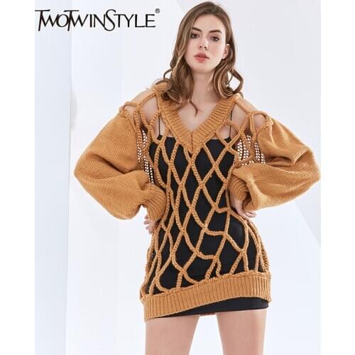 TWOTWINSTYLE Casual Hollow Out Sweater For Women V Neck Long Sleeve Loose Knitted Tops Female Fashion New Clothing 2020 Autumn