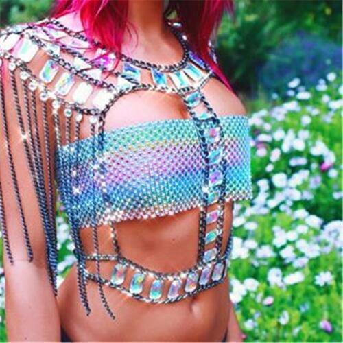 Sexy Bling Metal Body Chest chain Crop Tops Women Summer Beach Halter tassel Colorful gem Queen cropped Nightclub Party Tank top