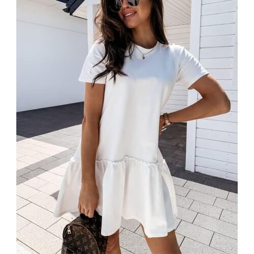 2021 New Loose Casual Short Sleeve Mini Dress Women White O-neck White Black Ruffles Big Hem Beach Dresses For Woman Femme Robe