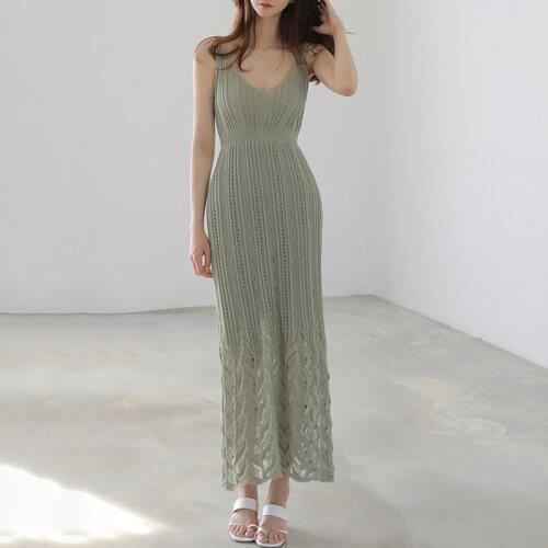 Dress Summer 2021 Korean Fashion White Green Hallow Out Sexy Deep V-Neck Knitted Spaghetti Strap Long Dresses Women Robe Femme