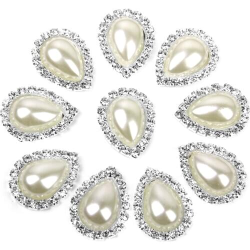 10pcs Teardrop Crystal Beige Faux Pearl Button Flatback Embellishment 20mm x 25mm