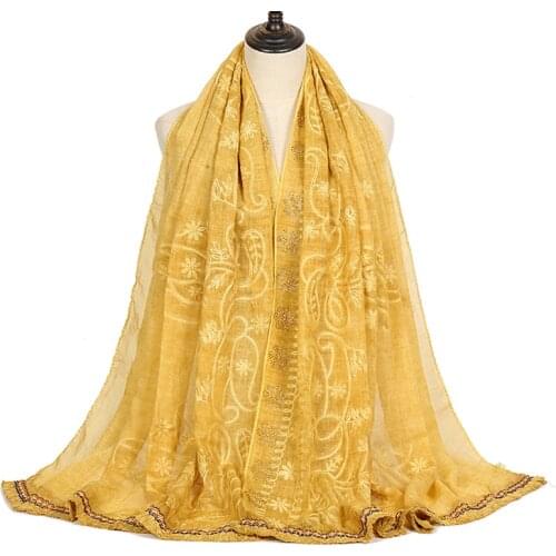 2020 Summer Embroidered Cotton Scarf Women Glitter Plain Scarves Shawl Flower Sjaal Muslim Hijab Foulards Floral Headband Stoles