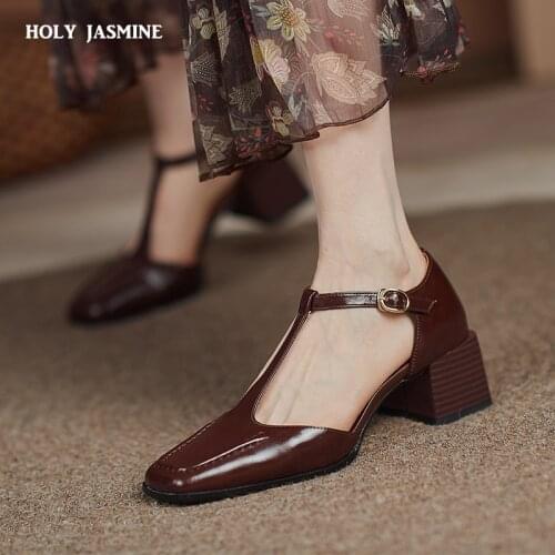 2021 Summer Retro Concise Mary Janes Women Pumps Genuine Leather Platforms Thick Heels Shoes Woman Spring Casual Buckle Pumps