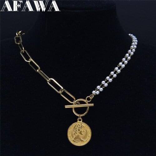 2021 Hip Hop Coin Pearl Stainless Steel Chokers Necklace Women Gold Color Jewelry gargantillas cortas mujer moda NY43S03