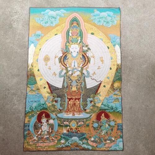 36 inch Tibet Silk embroidery Thousand-hand Bodhisattva Compassion Goddess Tangka Thangka Painting Mural