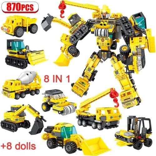 870pcs 8 in 1 City Transformation Robot Engineering Car Building Blocks Creator MOC Technical Truck Vehicle Bricks Toys For Boys