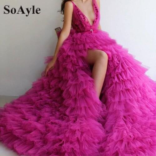 SoAyle Ball Gown Deep V-Neck Slit Ruched Pleated puffy Evening Dresses Lace Tulle Chic Prom Gowns