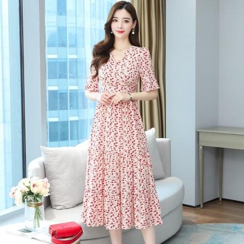 Floral Print Pleated Dress Long Sleeve Women Dress V Neck Loose Ladies Dresses Beach Dresses
