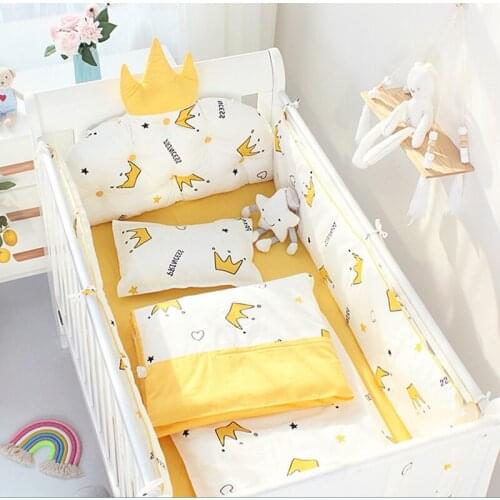 5Pcs Nordic Crown Cushion Crib Bumpers With Flat Bed Sheet Pure Cotton Childrens Bed Reducer Baby Cot Bedding Set Kids Room