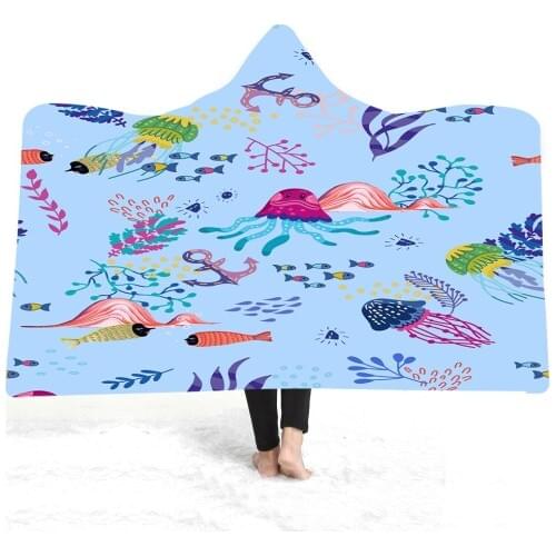 Kids Wearable Blanket Seaworld Cartoon Animals Blue Bed Cover Sofa TV Home Warm Soft Sherpa Fleece Blanket for Travel Camping