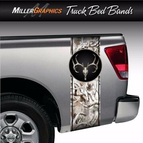 For x2 Buck Deer Skull Camo "Obliteration Snow" Truck Bed Band Stripe Decal Graphic