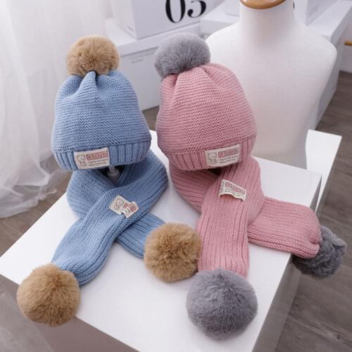 Doitbest 1 to 5 Years old baby kids Beanie sets Hair ball solid color 2 pcs boys girls winter knit hat scarf set
