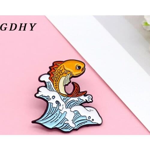 GDHY Red golden Carp Fish Brooches Goldfish Jump Sea wave Water flower Metal Enamel Lapel Brooch Fish Pins Animal Brooch Jewelry
