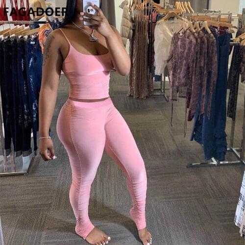FAGADOER Solid Two Piece Sets Women Sling Slim Tops And Stacked Legging Pants Outfits Female Casual Home Service 2pcs 2021