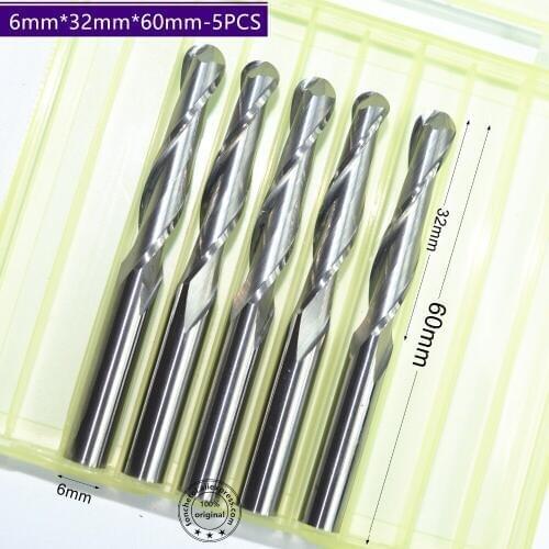 6mm*32mm,5pcs,Free shipping 2 Flutes Ball Head End Mill,CNC milling Cutter,Solid carbide Woodworking relief Bit,wood Cutter