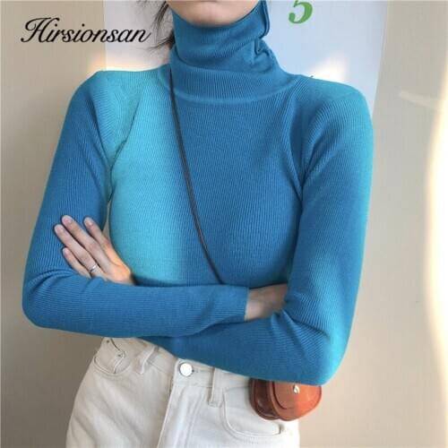 Hirsionsan Turtleneck Solid Sweater Women Winter Striped Tops Thicken Soft Slim Pullover Knitted Female Elastic Jumper Bottoming