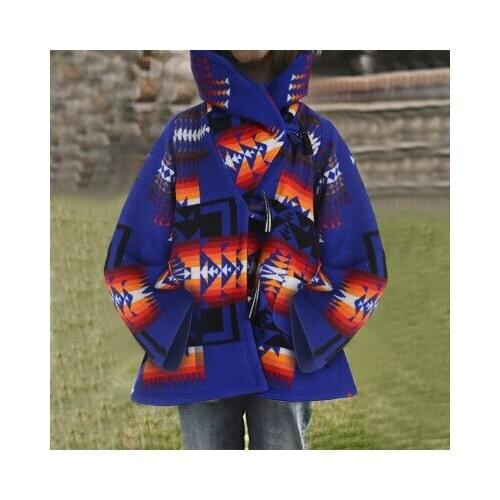 Autumn and Winter 2020 Womens Long-sleeved Hooded Coat Trendy Printed Woolen Coat Lapel Loose Horn Buttoned Woolen Hooded Coats