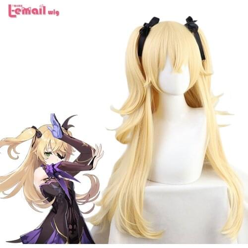 L-email wig Game Genshin Impact Fischl Cosplay Wig Long Yellow Wigs with Ponytails Heat Resistant Synthetic Hair Free Ribbon