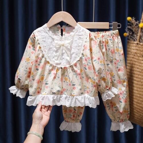 Baby Girls Long Sleeve Pajamas Set Cute Kids Infant Home Suit Floral Lace Ruffle Toddler Pajama Kids Sleepwear Children Clothes