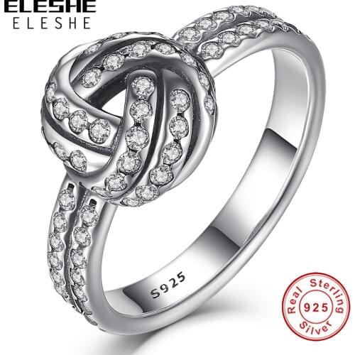 ELESHE Authentic 925 Sterling Silver Rings with CZ Crystal KNOT BOW Weave Finger Ring For Women Engagement Wedding Jewelry