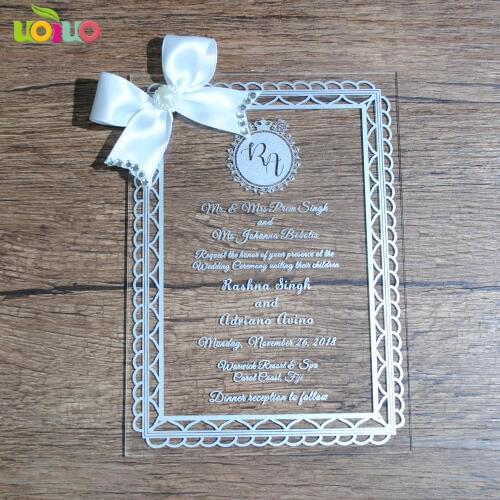 50pcs newest arrival laser cut acrylic card invitations elegant invitations with white words print customize menu cards design