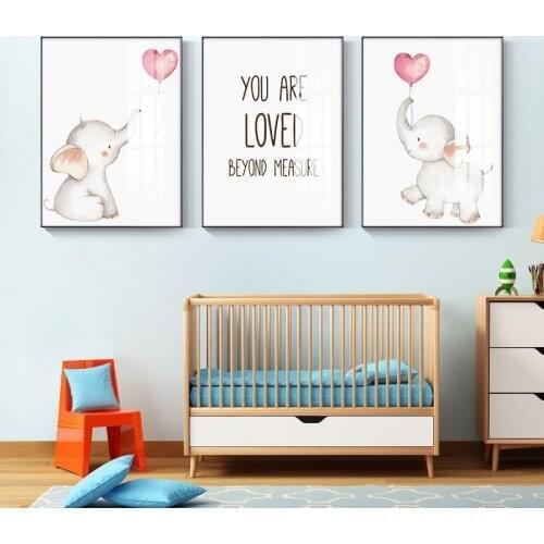 Simple Nordic hand-painted cartoon watercolor elephant pink balloon childrens room lovely decorative picture poster